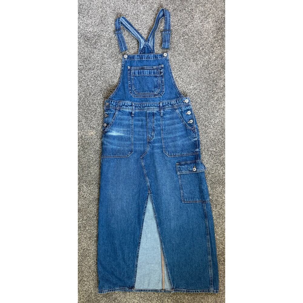 American Eagle Overall Denim Maxi Dress M Cargo Pocket Front Slit 90s